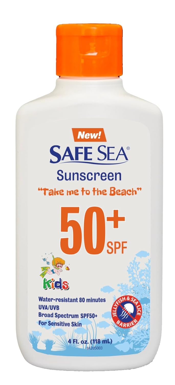 Safe Sea Jellyfish Sting-Blocking Sunscreen for Kids, SPF 50+ Lotion 4oz, Waterproof, Biodegradable – Body and Face Sunscreen, Anti-Jellyfish and Sea-Lice sting protection