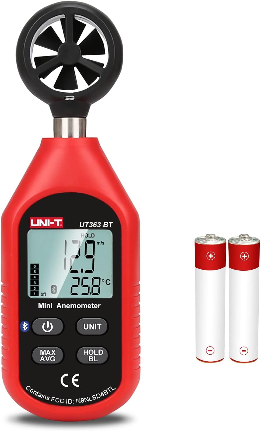 UNI-T Digital Anemometer UT363BT Handheld Wind Speed Meter Wind Chill Air Temperature Gauge -14° ~122°F /-10°C~50°C for HVAC Shooting Drone with LCD Backlit Max/Avg Data Hold