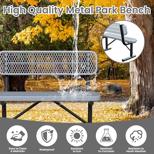 Image of 4ft Gray Metal Park Bench with Backrest, Heavy Duty Outdoor Benches Weatherproof Steel Long Playground Bench Seats, Commercial Garden Benches Red Dock Benches for Lawn, Park, Deck,Patio, Porch