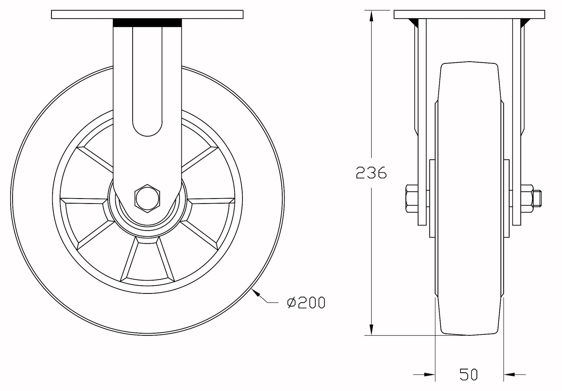 Roulettes de 200 mm (8") en caoutchouc noir, avec frein et roue fixe, capacité de charge élevée de 1 800 kg, lot de 4