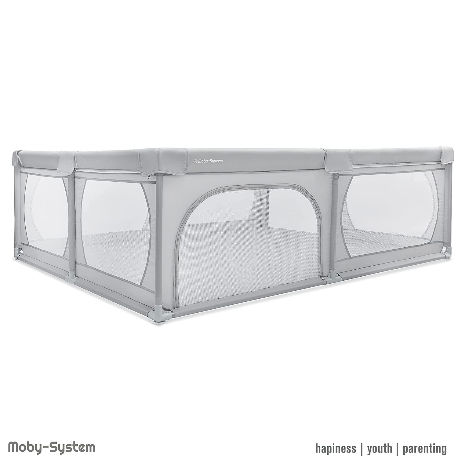 Moby-System Parque Infantil Bebé Plegable - Centro de Actividades con Base Antideslizante 200x140cm - Corralito Impermeable con Ventanas y Cremallera, Incluye Bolsa de Transporte - Gris