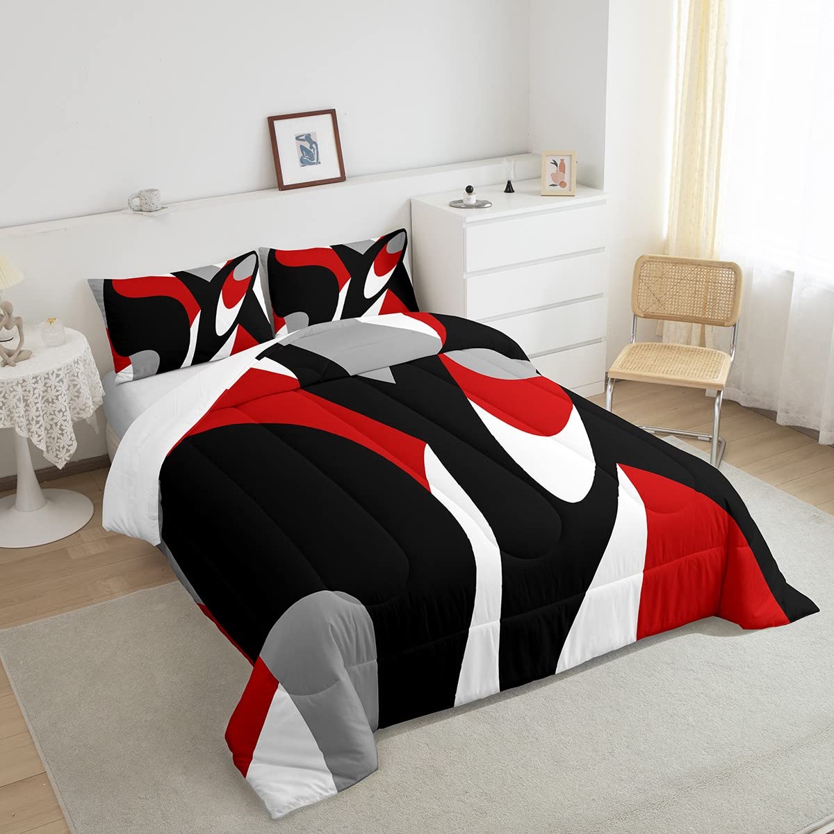 Homemissing Set di biancheria da letto con motivo geometrico, moderno, linea ondulata, piumino, bianco, rosso, nero, trapuntato, per bambini, ragazzi, ragazze, adulti, con 2 federe matrimoniali