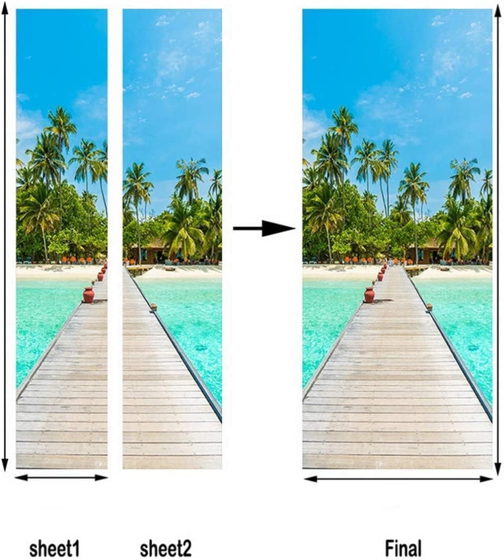 Sticker Porte Vue Sur Océan, Stickers Porte Trompe L'oeil Palmier Autocollant Poster Auto-Adhésif Art Décor Pour Chambre Salon Salle de Bain Papier Peint 95x215 cm 4426z