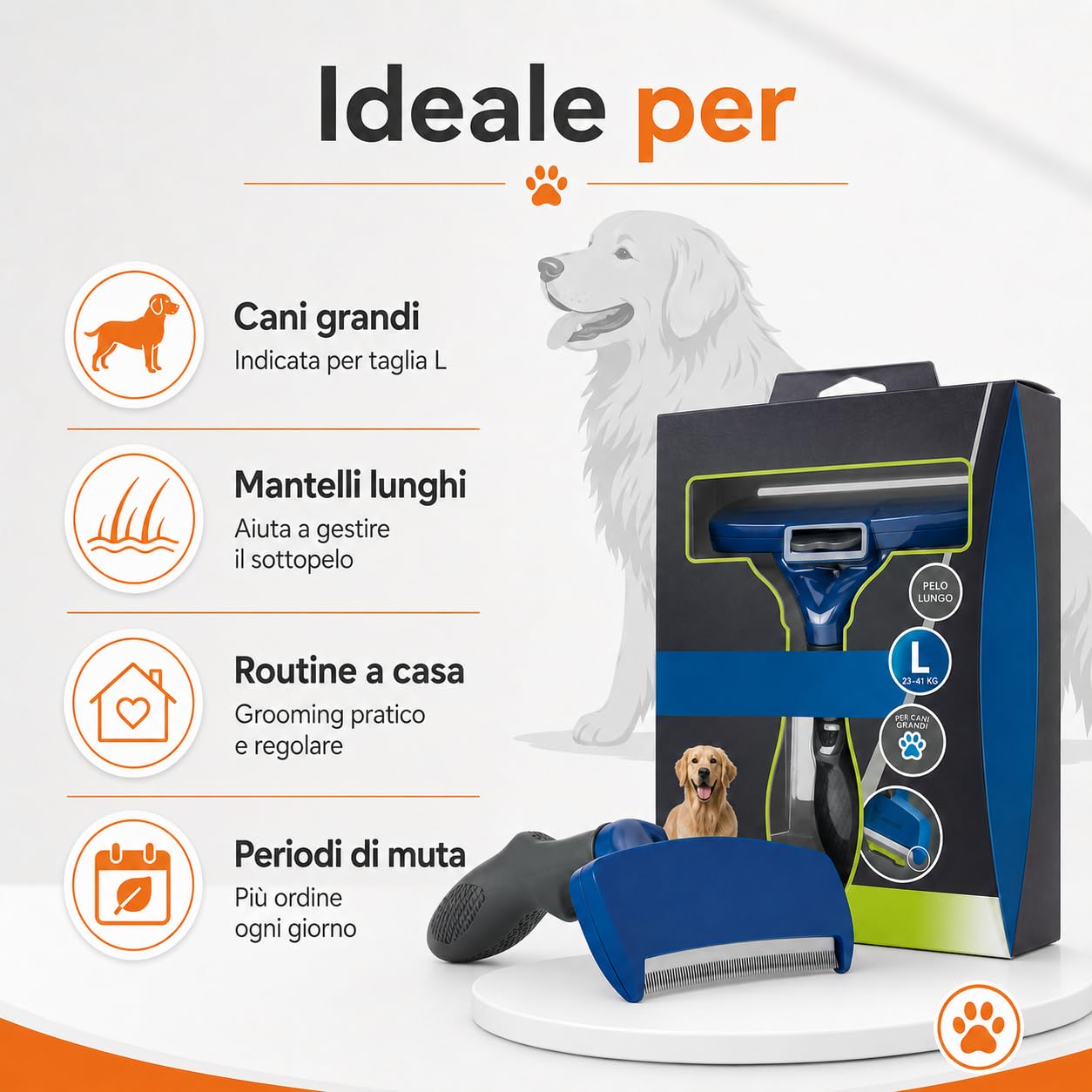 Strumento de-Shedding Cane L a Pelo Lungo, Spazzola Professionale per Cani Grandi da 24 kg, Rimuove Pelo Sottopelo in Eccesso con Pettine da 10 cm