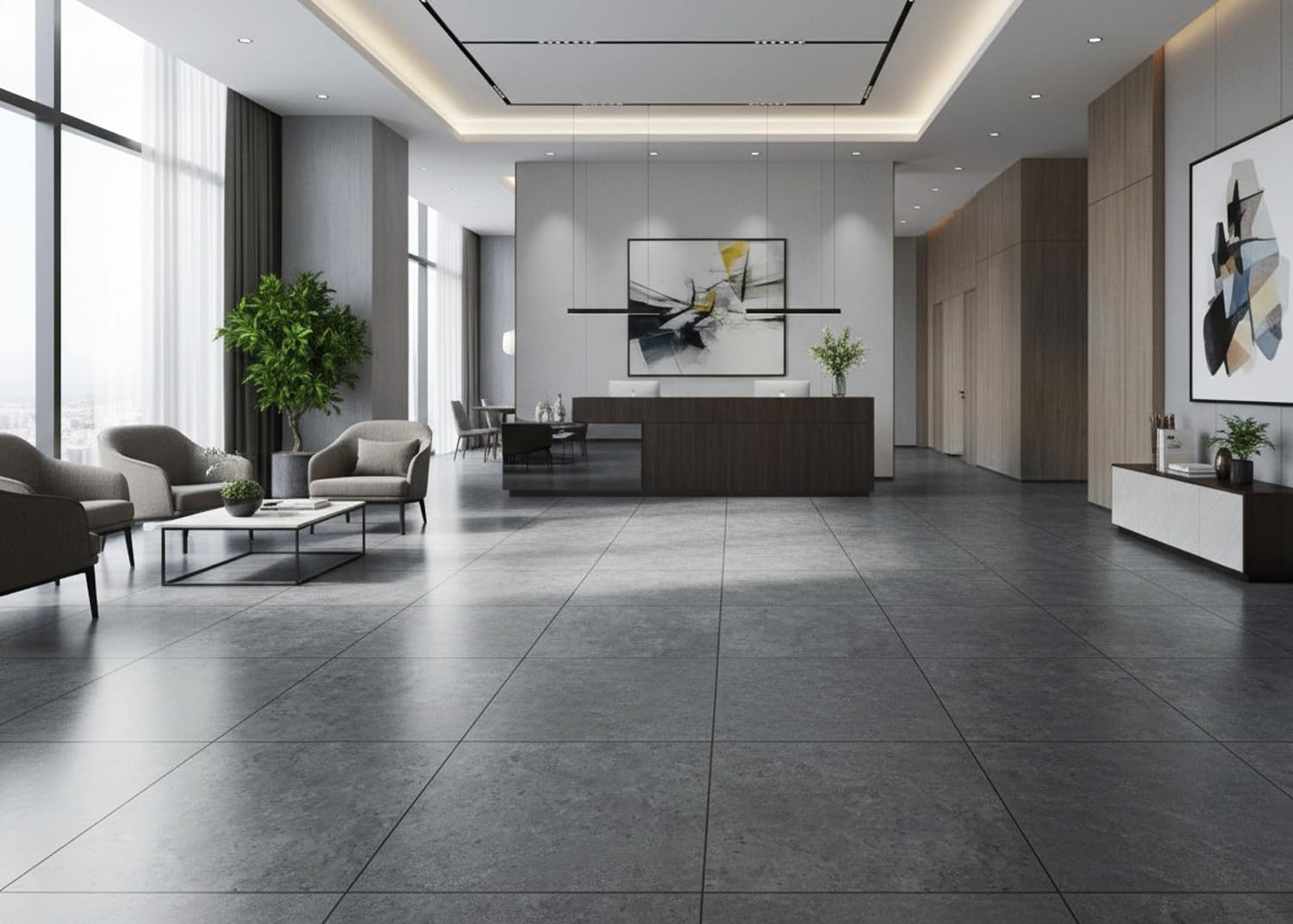 ROSEROSA Peel and Stick Engineered PVC Tiles Stone Concrete Pattern Self Adhesive Durable Vinyl Flooring (ECK-205 : Square 4 Tiles)