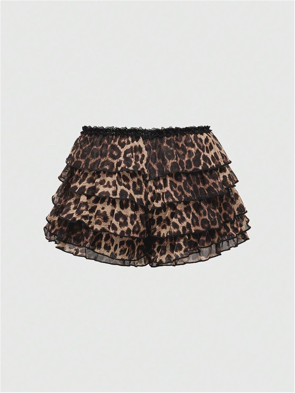 Women's 2 Piece Outfit Y2k Cheetah Set Lace Leopard Tube Top Mesh Ruffle Mini Micro Shorts Sexy Rave Part Clubwear - Image 3