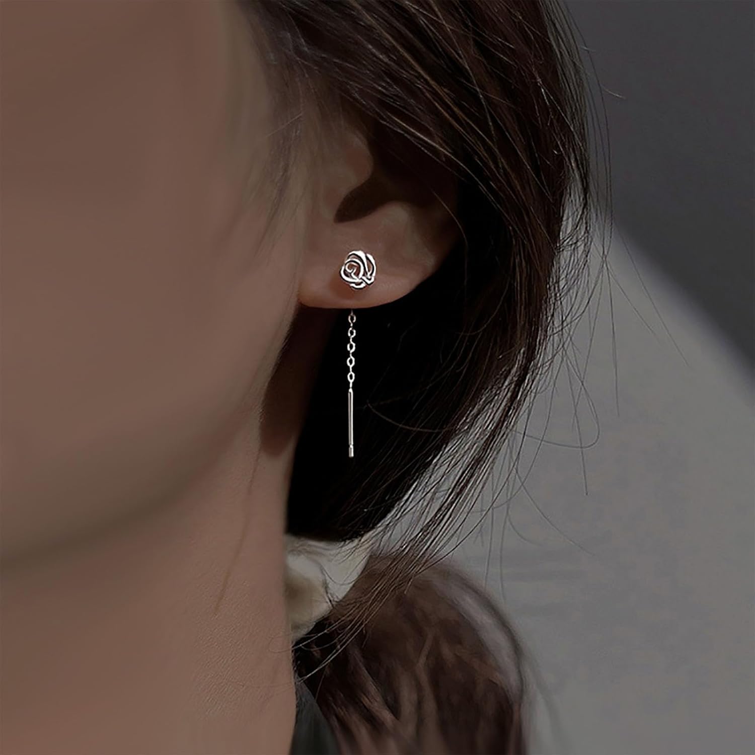 Boho Tassel Chain Threader Earrings Vintage Flower Threader Earrings Flower Tassel Chain Dangle Earring Long Pull Through Earring for Women(Gold) - Image 6