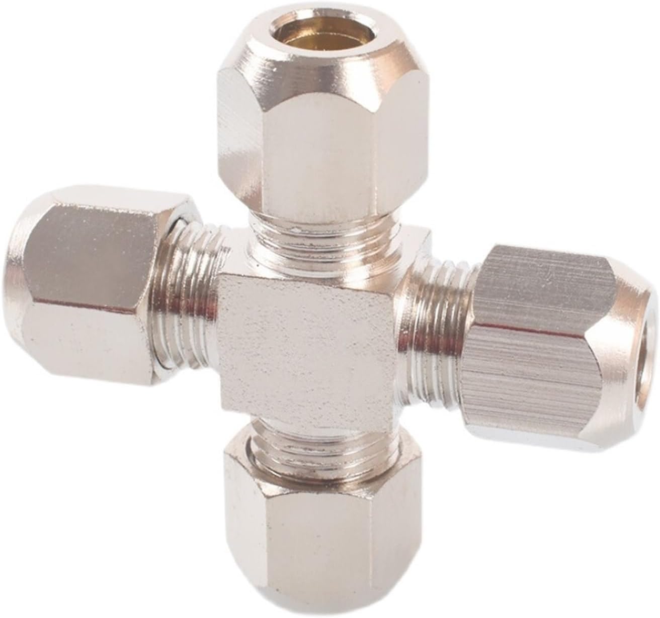 Brass Nickel Plated Pipe Fitting Cross 4 Way Equal Ferrule Tube Compression Connector Adapter Fit Tube OD 4 6 8 10 12mm(6mm)