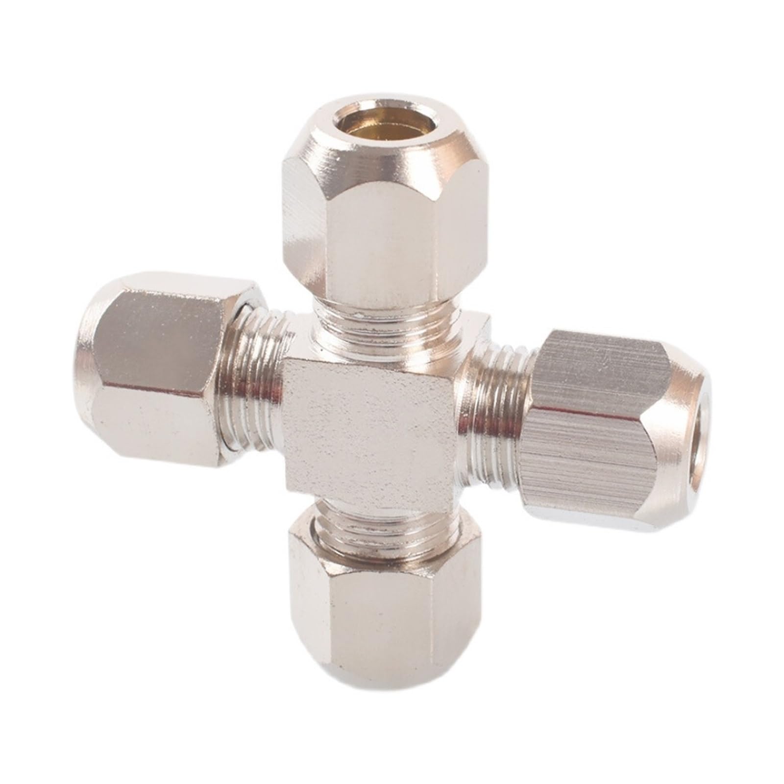 Conector en cruz de 8mm en latón niquelado con 4 vías iguales para tubo
