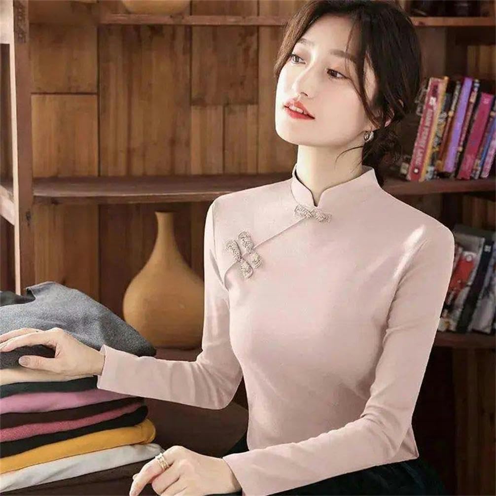High Neck Autumn and Winter Cotton Mixed Solid Color Long Sleeve Chinese Style Base Plush top with Buckle