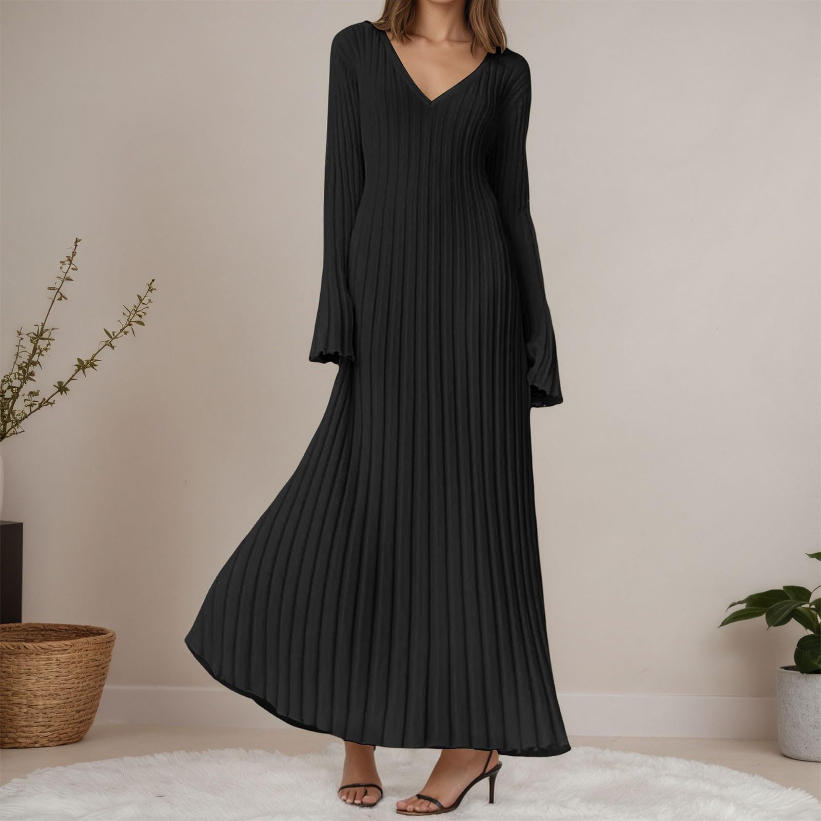 Vestido Largo Elegante De Punto con Cuello Alto Estructura Acanalada Diseño Ajustado Ropa Informal Adelgazante Ajuste En La Cintura
