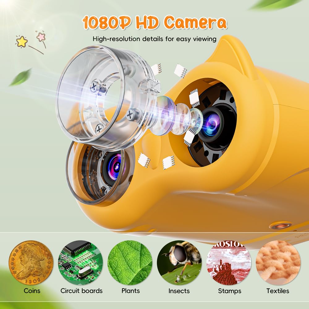 2 in 1 Microscopio Bambini e Telescopio, Temodu Microscopio Digitale da 2.0‘’, Elettronico Portatile Telescopio 10X con 8 luci LED, può essere utilizzato come regalo di compleanno o di Natale (Orange)