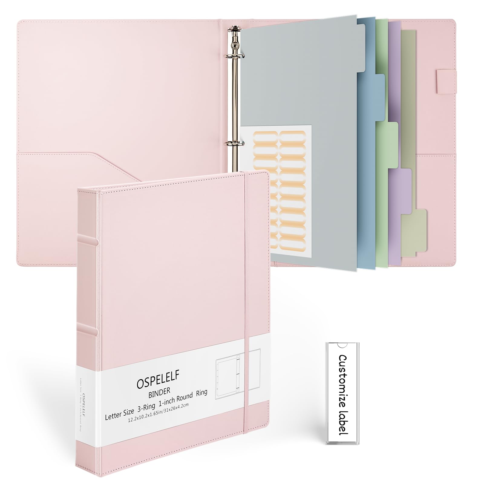 Ospelelf Vintage Hardcover 3 Ring 1 inch Leather Binder, Professional Binders Organizer Suitable for Letter Size Documents, Binder Dividers with Tabs, Faux Pink Leather