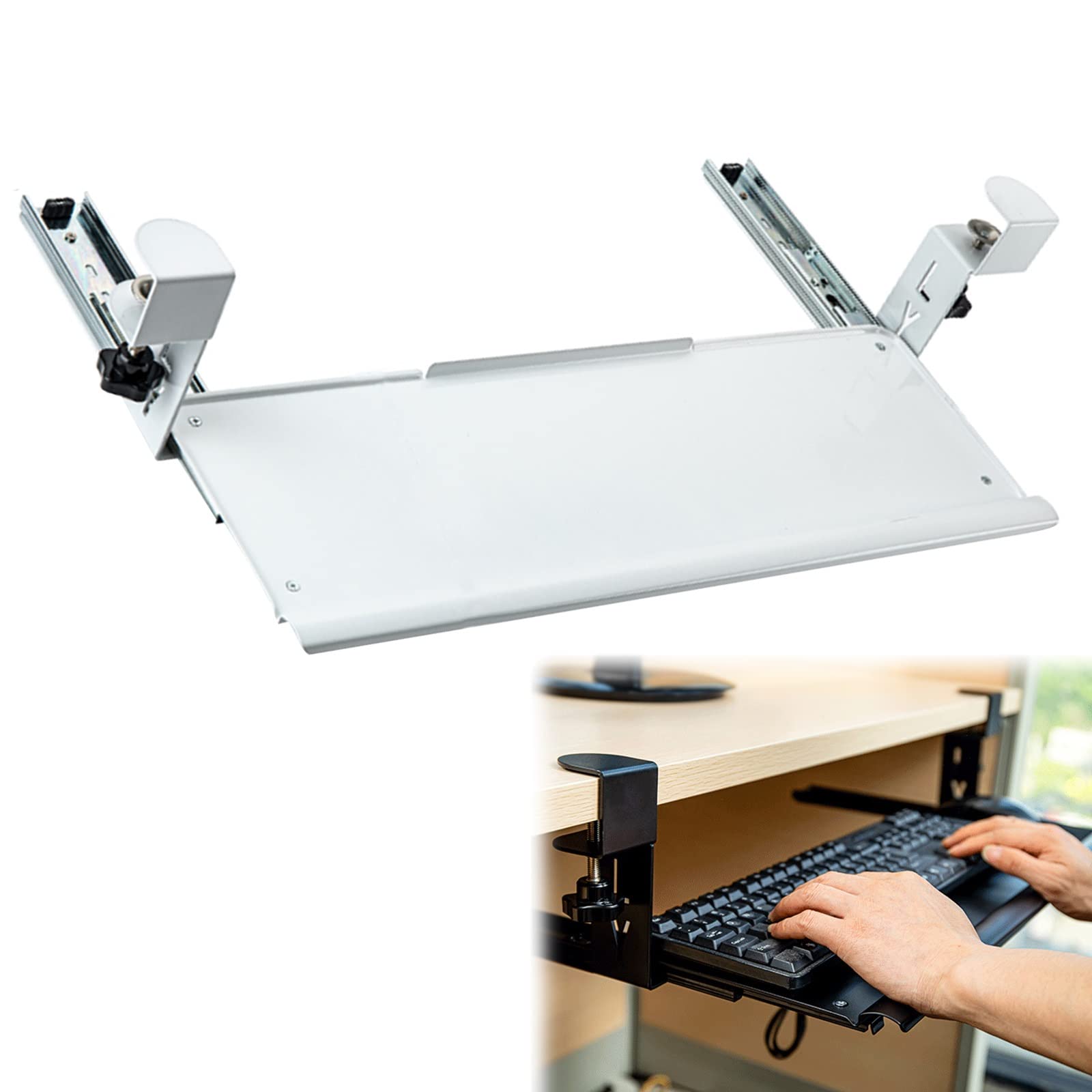 CVJdfhRE desk extender， Under Desk Keyboard Tray With C-Clamp Easy To Fix, All Metal Material Black/White, For Wrist Rests, Extender(White)