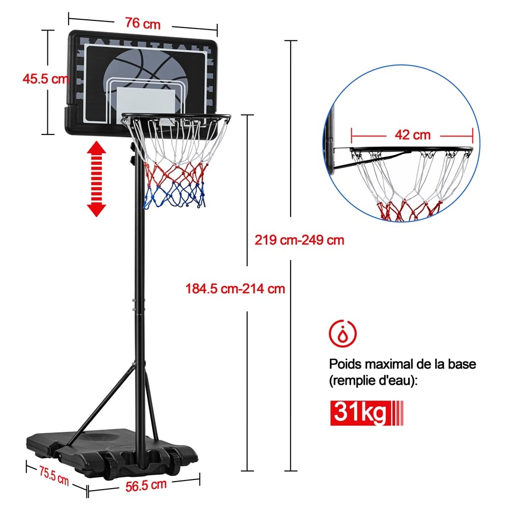 Yaheetech Panier de Basket Extérieur Portable Réglable en Hauteur 219-249/234-264 cm Panier de Basket sur Pied à roulettes avec Base de Lestage Panneau Arrière Robuste Noir