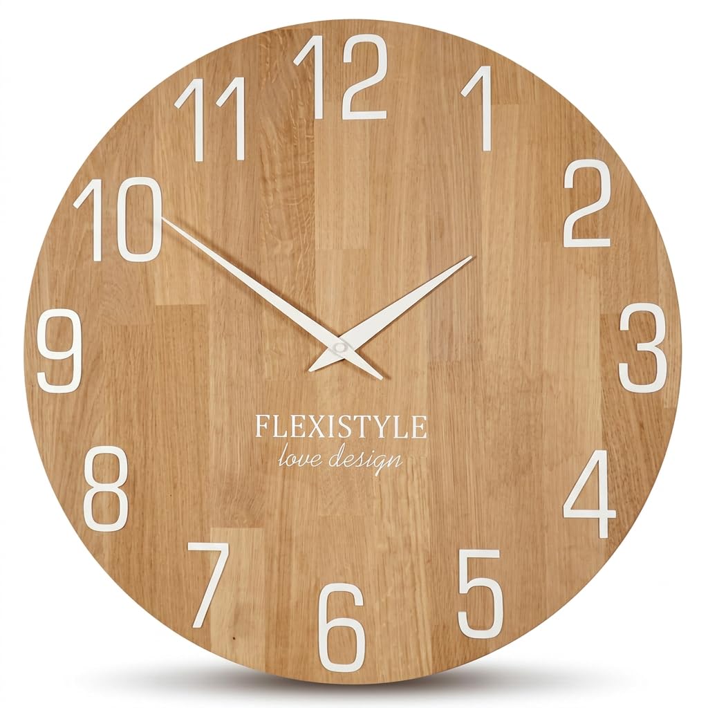 FLEXISTYLE Horloge Murale Naturelle diamètre Aspect Bois 100% chêne, Bois Moderne, Salon, sans Bruit de tic-tac … (50 cm, Blanc)