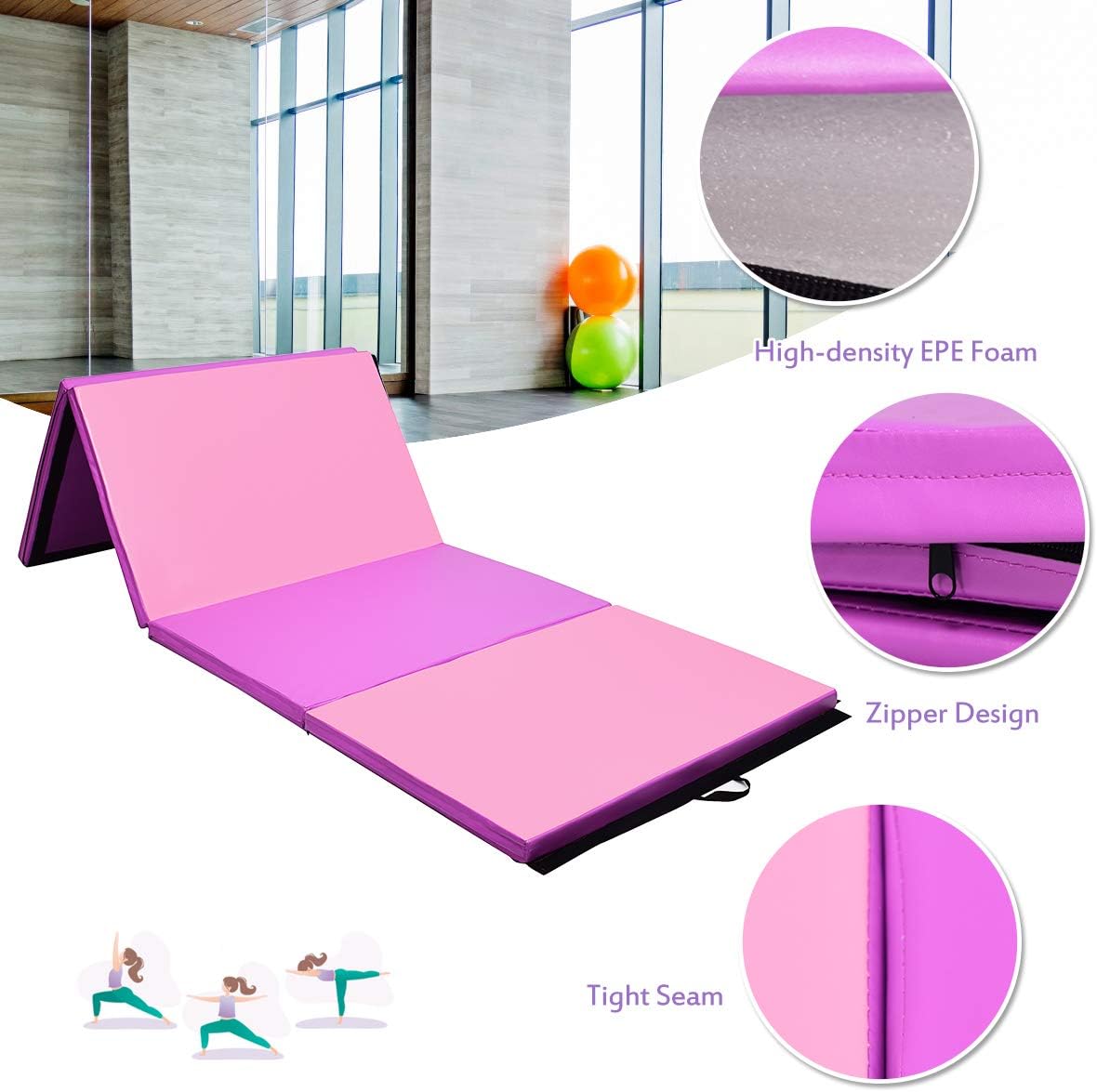 Giantex Gymnastics Mat Thick Folding Panel Gym Fitness Exercise Mat (Purple/Pink 4'x10'x2")