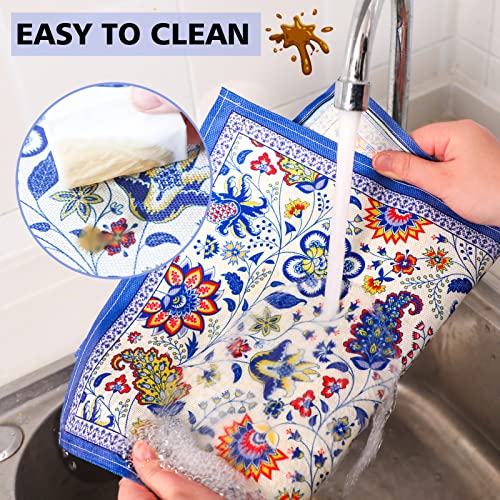 Cunhill Dining Table Placemats Set of 6 Cotton Linen Cloth Non Slip Mats Washable Vintage Blue Floral Placemats for Holiday Banquet Kitchen Dinner Table Party Decorations, 18.9 x 13 Inch by Cunhill - Image 3