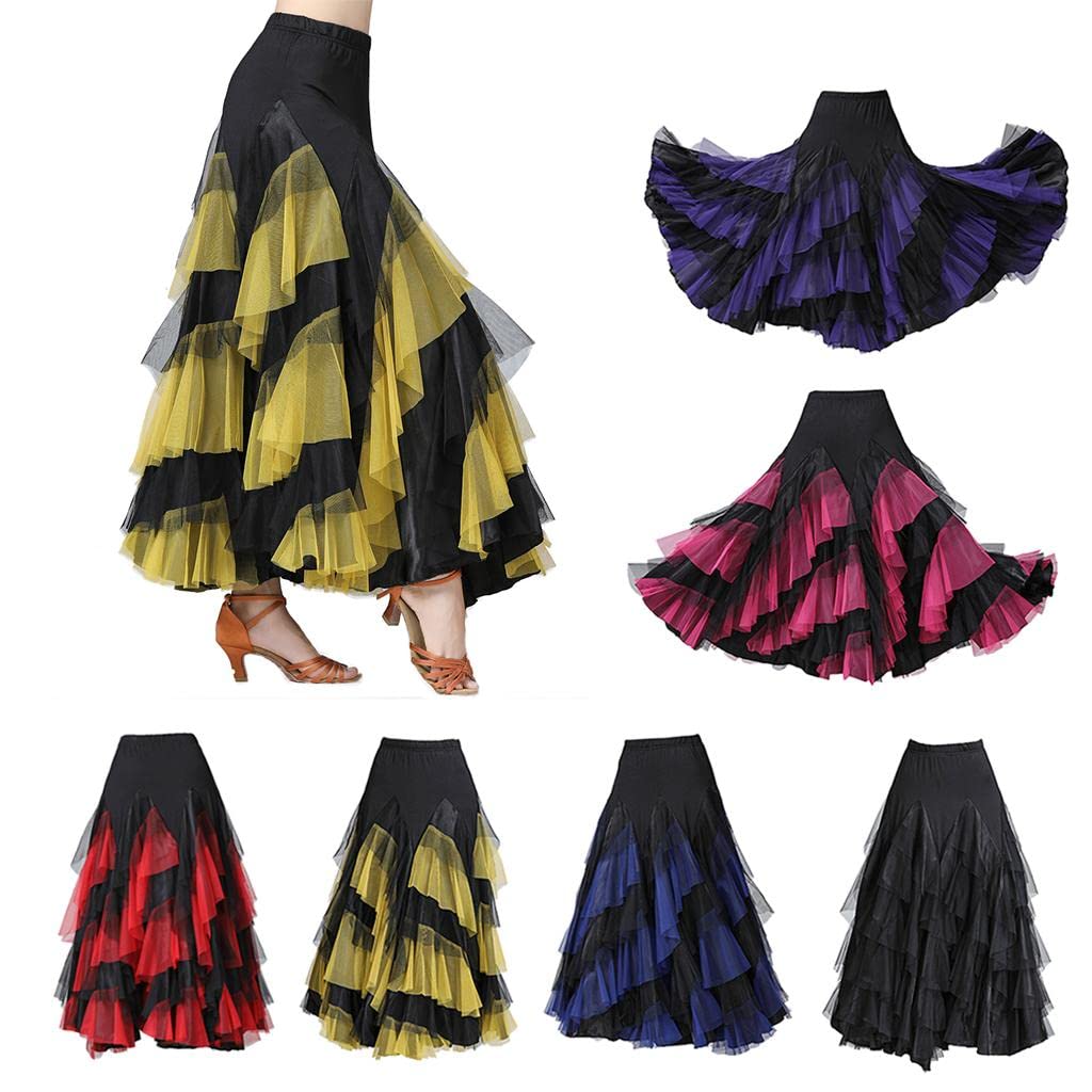 Oshhni Latein Tanzkleid Damen Tanzkostüm Mesh Patchwork Mehrlagiger Tüllrock Cha Cha Kleid Flamenco Skirt Milchseide Bund für Tanzkurs