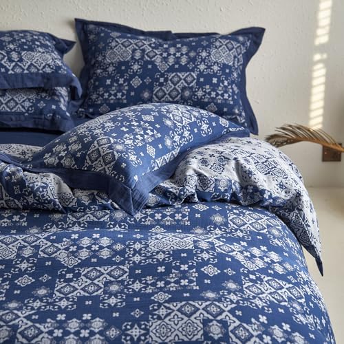 VM VOUGEMARKET Bohemian Duvet Cover Queen Navy Blue White Geometric Duvet Cover Yarn-Dyed Cotton 3 Pieces Jacquard Comforter Cover with Zipper Closure,Navy Blue/White