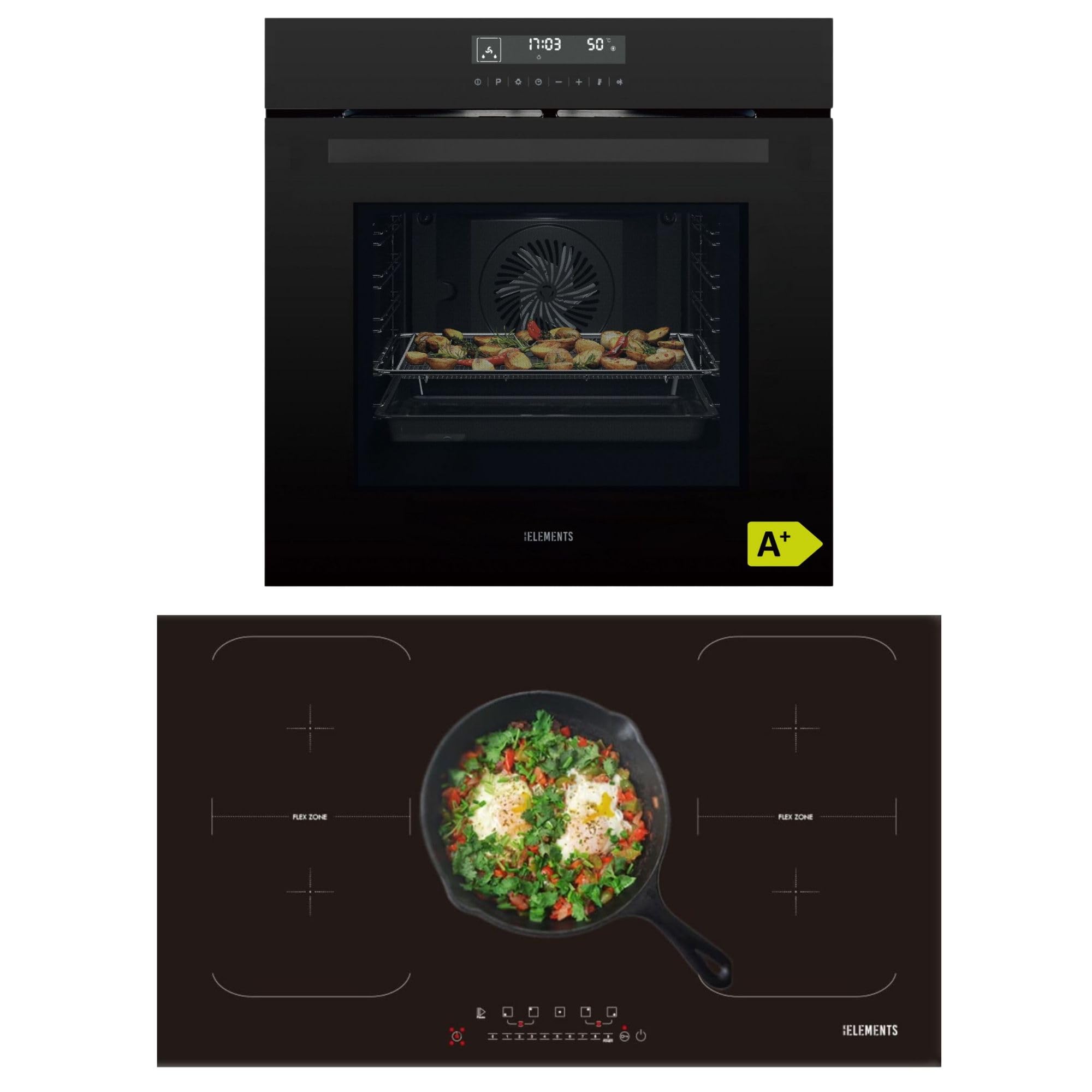 Autarkes Herdset | 60cm Einbaubackofen | Air Fry Funktion | 90cm Induktionskochfeld | Induktionskochfeld mit zwei Flexzonen | Grill | Heißluft | AQUA CLEAN | 14 x Funktionen