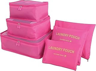 مجموعة منظمات شنط الأغراض للسفر مع شنطة تواليت، منظم أغراض السفر وشنطة أدوات الزينة - لون زهري، 6 قطع، قماش