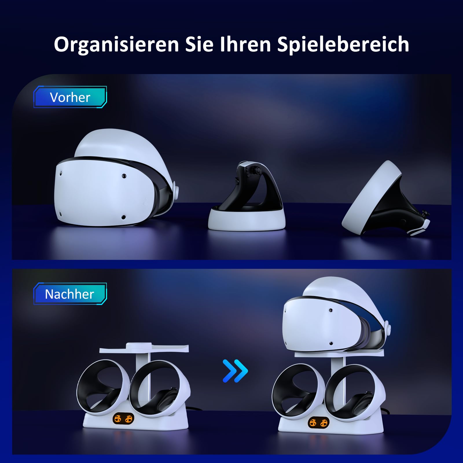 NexiGo Controller Ladestation für PSVR2, Dual-Schnellladestation mit LED-Licht, Headset-Display-Ständer und Controller-Halterung, magnetischer Anschluss, USB auf Typ-C-Kabel, Weiß