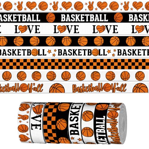 8 Pcs × 3 Yards Sports Basketball Ribbon for Crafting Sewing, 3/8 Inch Black Brown Grosgrain Ribbons for Gift Wrapping, Heart Balls Ribbons for Hair Bow Cheerleader Accessories