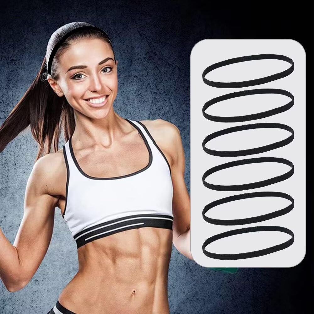 Bandas para el Pelo Deportivas, 6 Unidades, Elásticas, para Hombre y Mujer, para Deporte, para Niños, Antideslizantes, para la Frente, para el Sudor, Negro, 40 cm