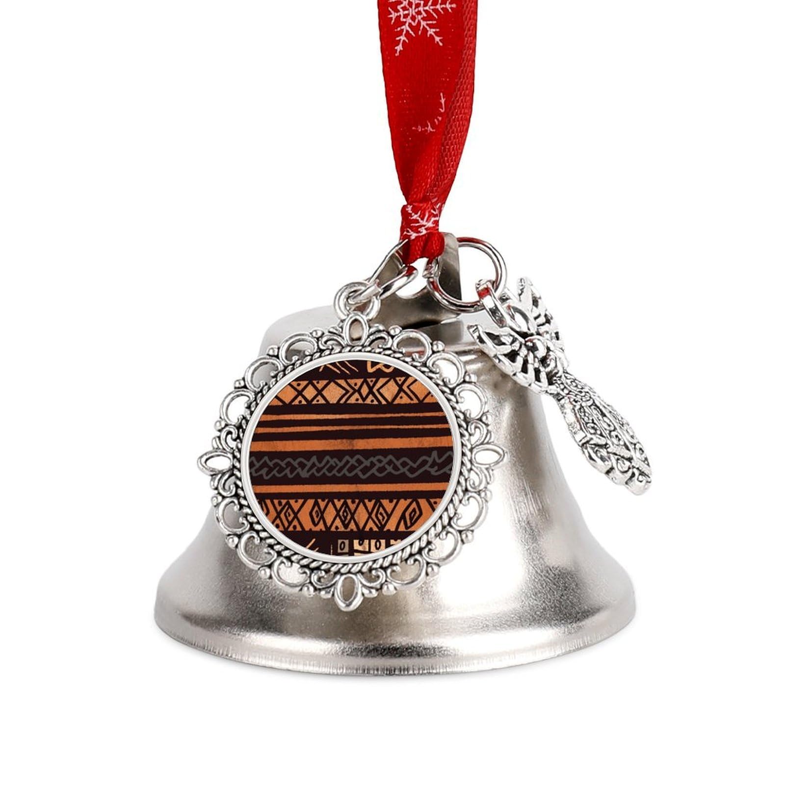 African Mud Cloth Tribal Bell Ornament Red Ribbon for Christmas Tree Holiday Decoration Personality Believe Bell Ornaments Sleigh Bells for Winter New Year Party Supplies
