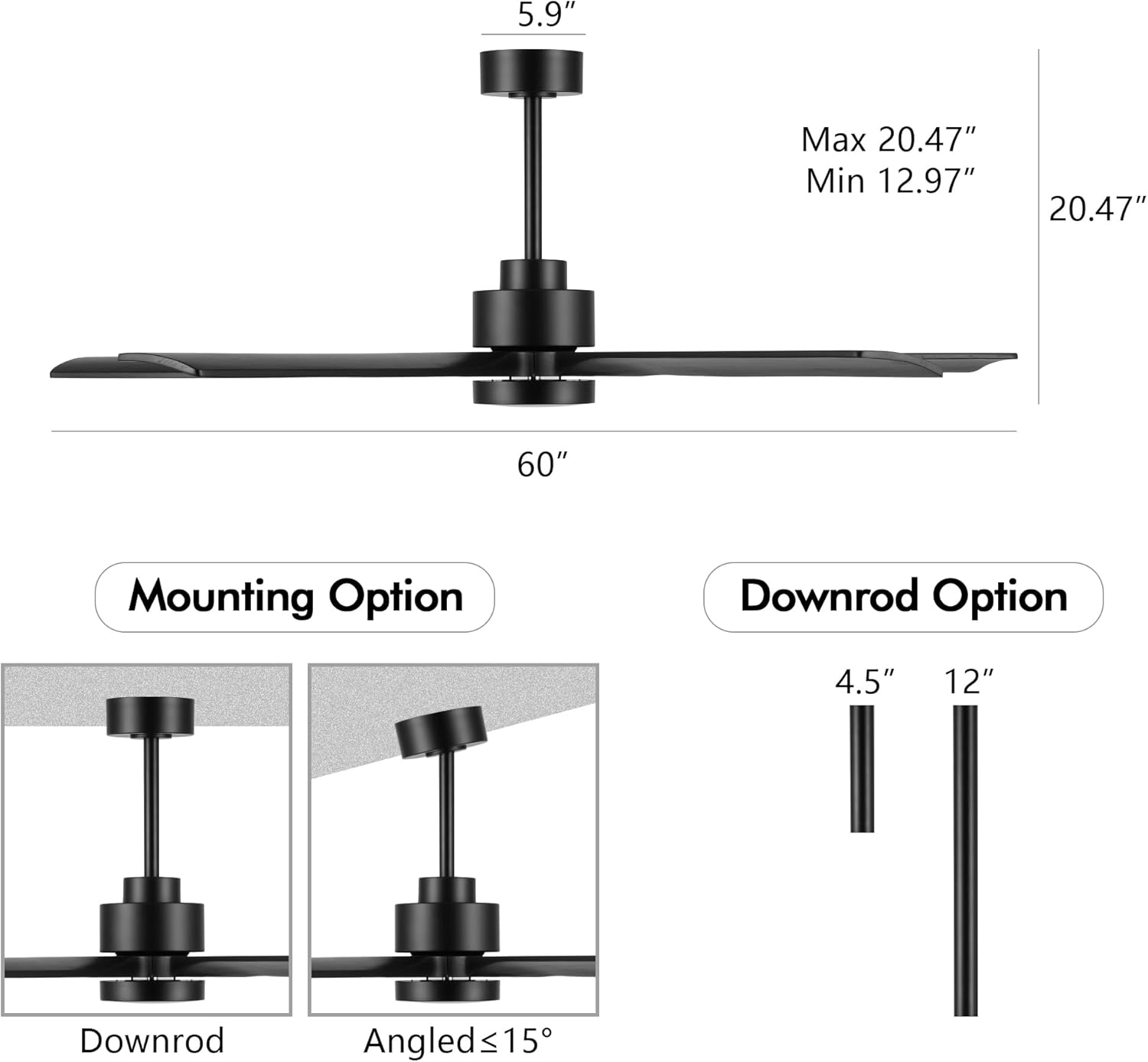ELEHINSER 60" Modern Ceiling Fan with Lights and Remote Control, 5 Solid Wood Blades 6-Speed Noiseless Reversible DC Motor, Ceiling Fan for Bedroom Dinning Living Room, Black
