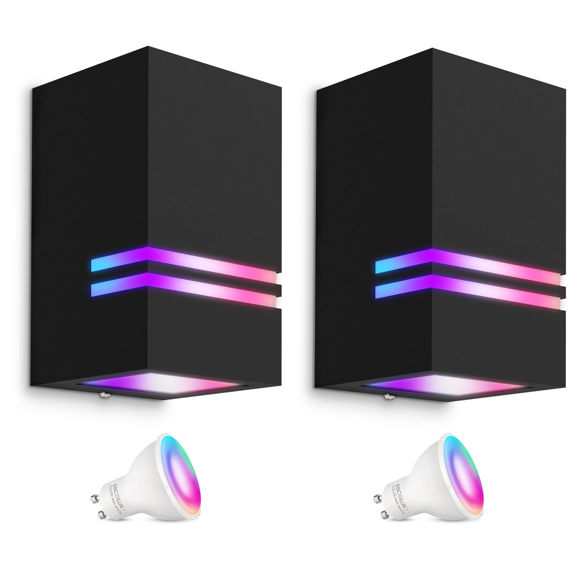 SSC-LUXon 2er Set JOVO-S Wandleuchte schwarz GU10 IP44 mit Smart WiFi RGB LED Birnen (steuerung per App & Sprache) - Außenwandleuchte 1-flammig