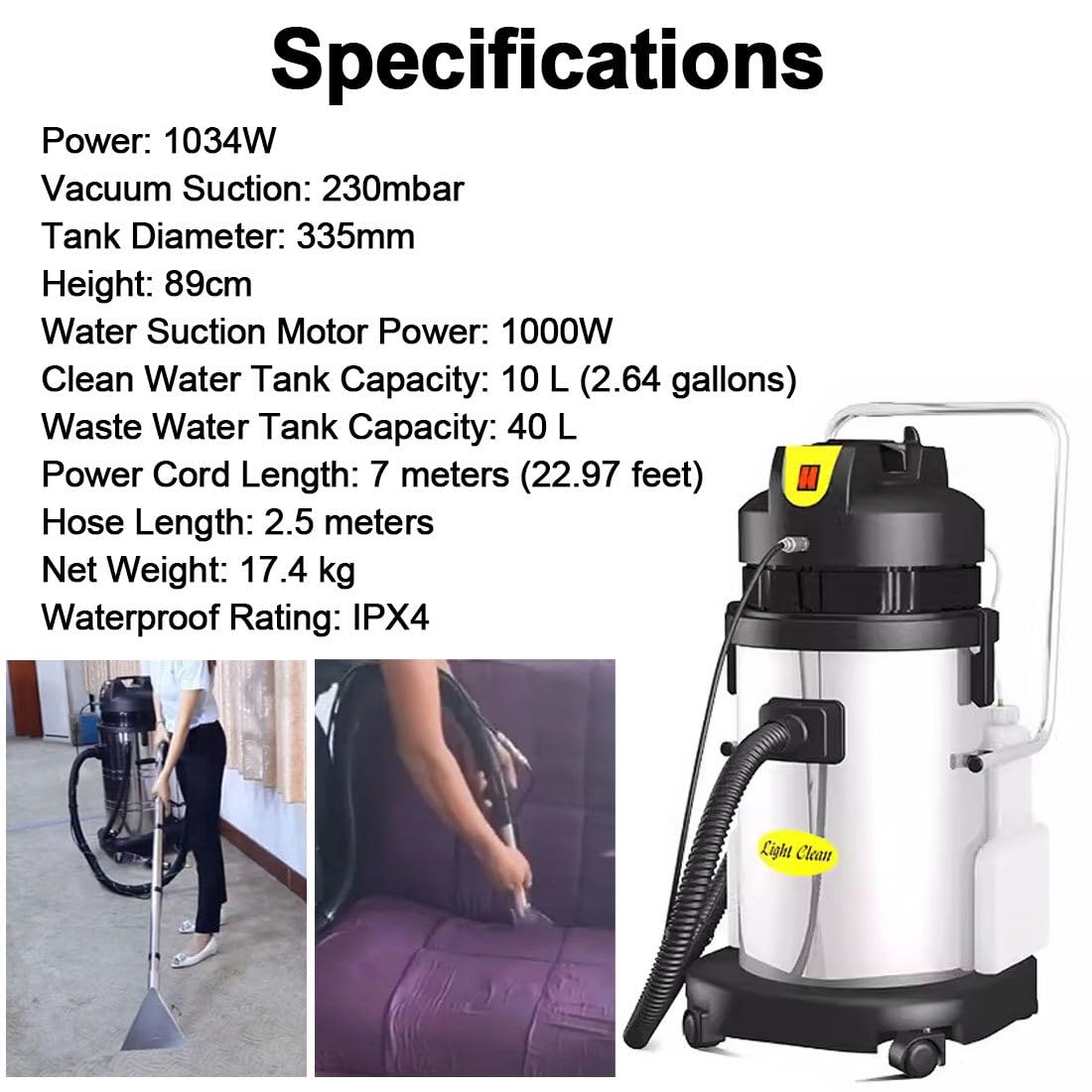 Máquina de Limpieza Comercial Multiusos, Limpiador de Alfombras Profesional 20L/30L/40L, con Potente Motor, para Pisos Duros, Alfombras, Tapicería de Auto, Resistencia al Agua IPX4 40L
