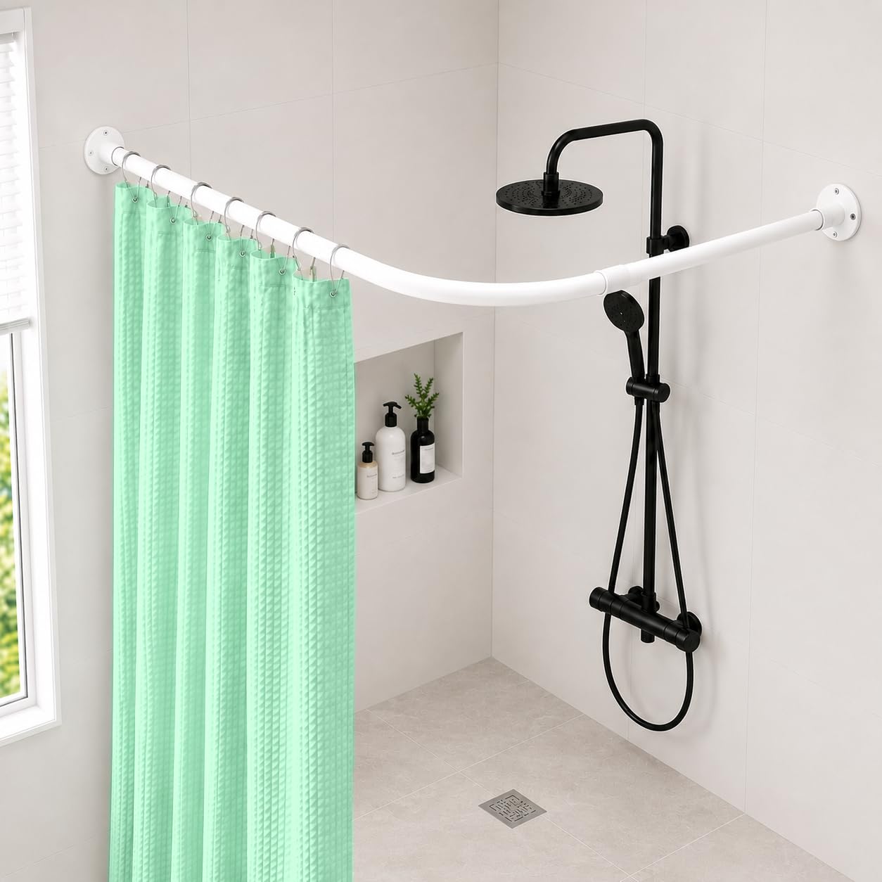 L-Form Teleskop Duschvorhangstange Ausziehbar (60-93 x 60-93 cm) Weiß – Edelstahl Eckduschstange, Montage Ohne Bohren & mit Bohren, Rostfrei, Inkl. 12 Ringen