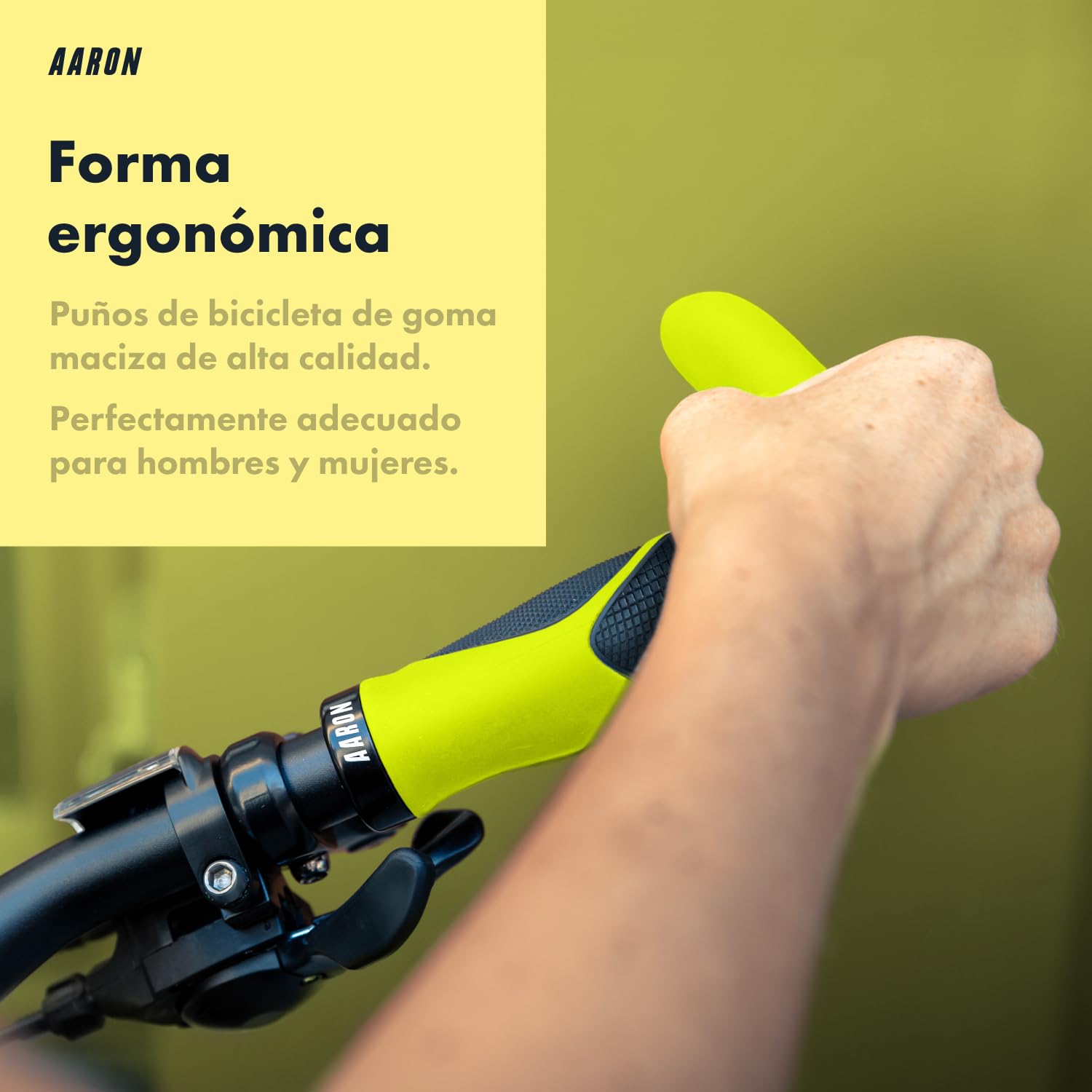 AARON Horn - Puños de Gel con acoples y amortiguación - Diseño ergonómico Antideslizante - para bicis utilitarias, eléctricas, de Trekking y de montaña - Negro