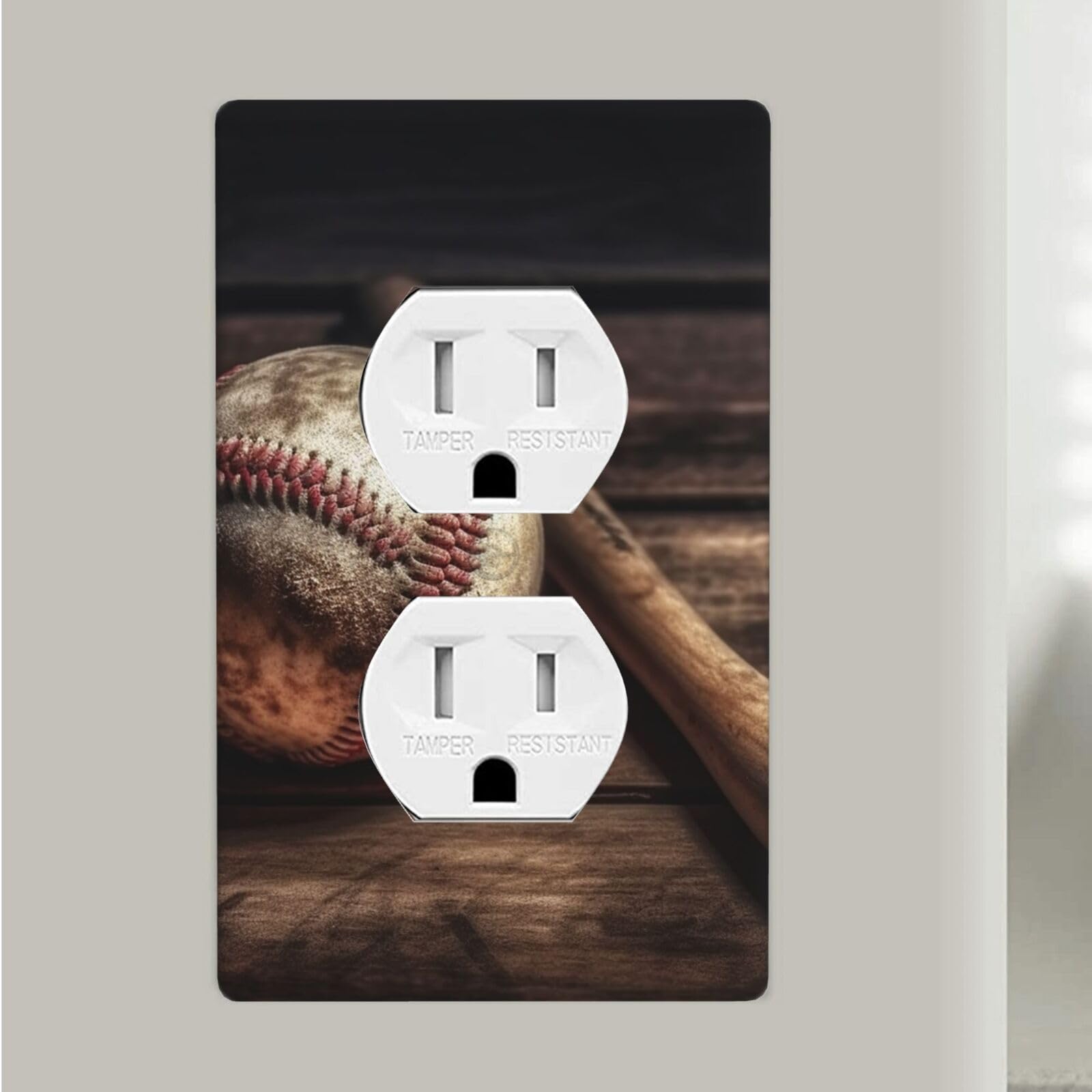 Baseball On Wooden Duplex Receptacle Outlet Covers, 1-Gang Standard Size Wall Plates Unbreakable Polycarbonate Electrical Switchplate Cover Faceplate for Bathroom Kitchen Decor