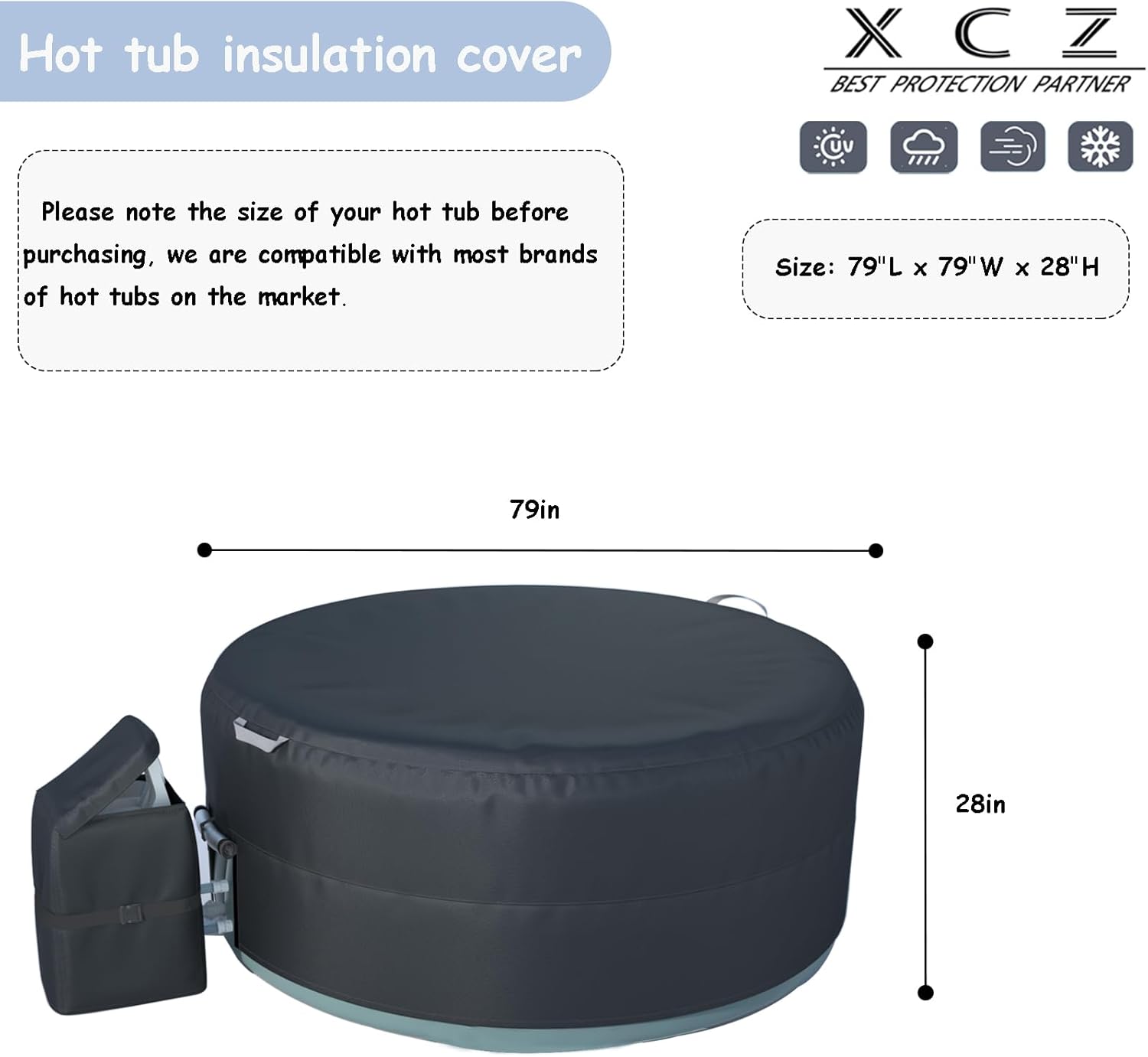 XCZ hot tub Cover, with Pump Cover. Suitable for a 77-inch Round hot tub, Insulated/dust-Proof/Water-Proof/Sun-Proof. Black