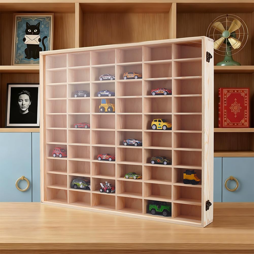 UNICRAFTALE 60 Fächer Modellauto Vitrine Zusammenklappbar 1:64 Diecast Regal Wandmontage Rechteckig Holz Mini Auto Organizer Für Autos Sammler Geschenk 58.5x51x7.5cm