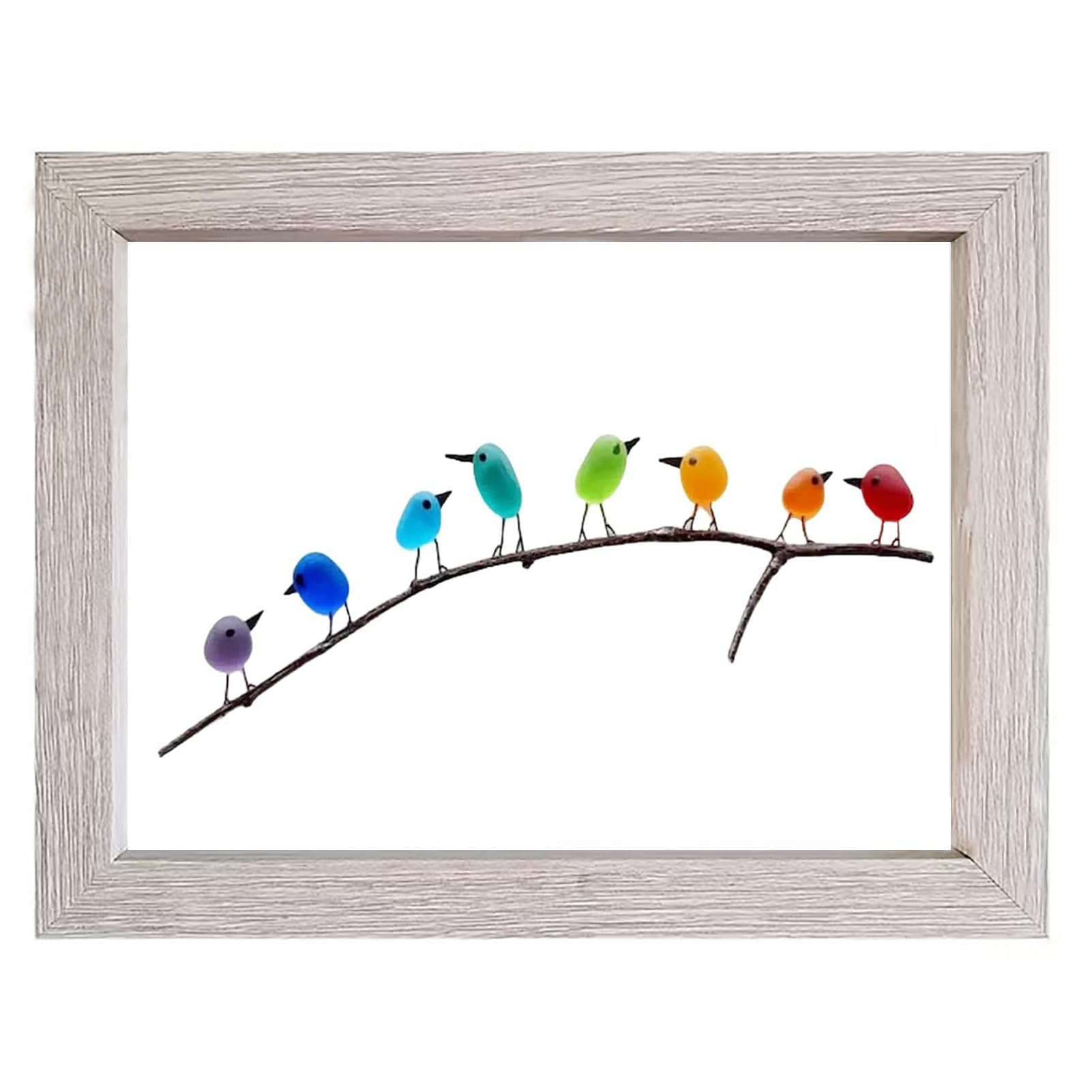 AHQCBWG Sea Glass Art, Sea Glass Rainbow Birds on Branch, Sea Glass Decor, Glass Wall Art, Glass Birds, Beach Wall Art, Housewarmings, Birthday and Wedding Gifts(8 Birds,Grey Frame)