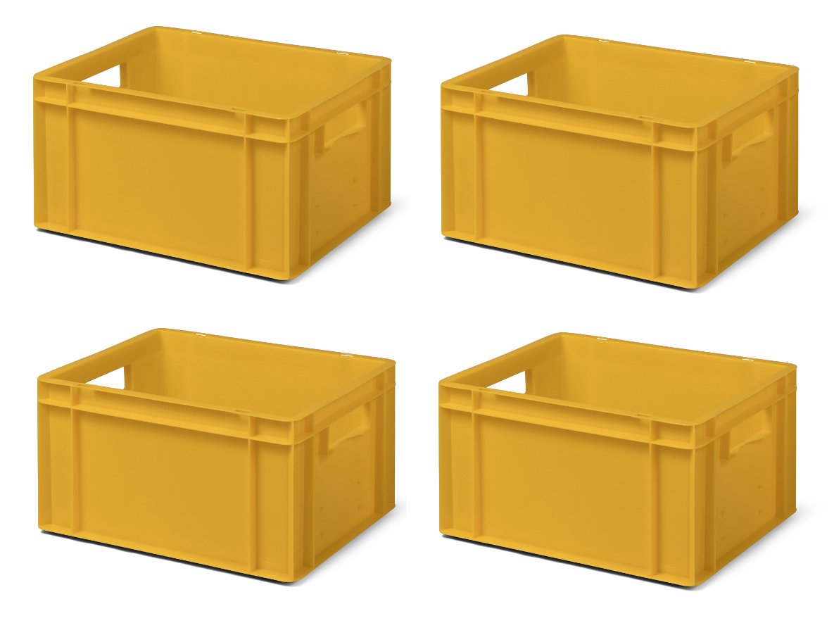 1a-TopStore 4 Stk. Transport-Stapelkasten TK421-0, gelb, 400x300x210 mm (LxBxH), aus PP, Volumen: 19 Liter, Traglast: 40 kg, lebensmittelecht, made in Germany, Industriequalität