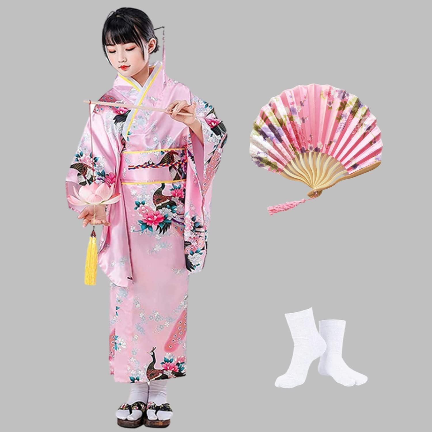 Kimono Japonais Fille à Double Couche Motif Paon avec Obi et Coussin Dorsal - Ensemble Déguisement Fille avec Éventail et Chaussettes Tabi - Kimono Enfant Cosplay pour Carnaval, Spectacle et Fête