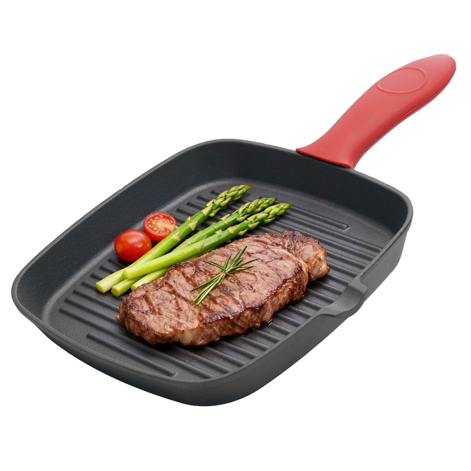 TOQUE Cast Iron Square Grill Pan, Pre-Seasoned Griddle Pan for Steak, Meat, Bacon & Fish, Ribbed Skillet with Pour Spouts & Silicone Handle, Induction & Oven Safe, 23.5cm