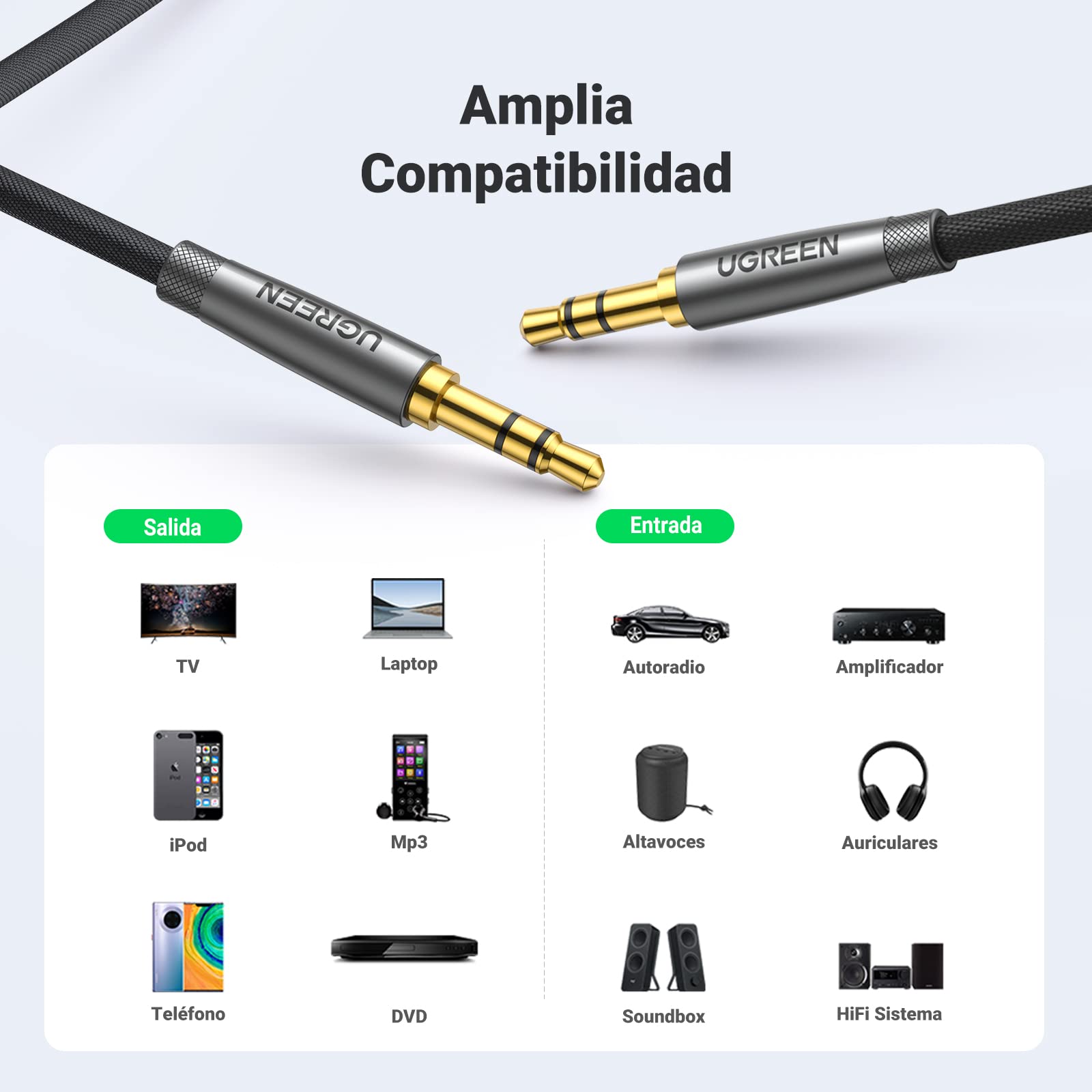 UGREEN Cable Audio Jack 3.5mm Macho HiFi Estéreo Nylon Trenzado Auxiliar Compatible con Autoradio Auriculares Altavoz TV iPhone MP3 (1M) — view 7