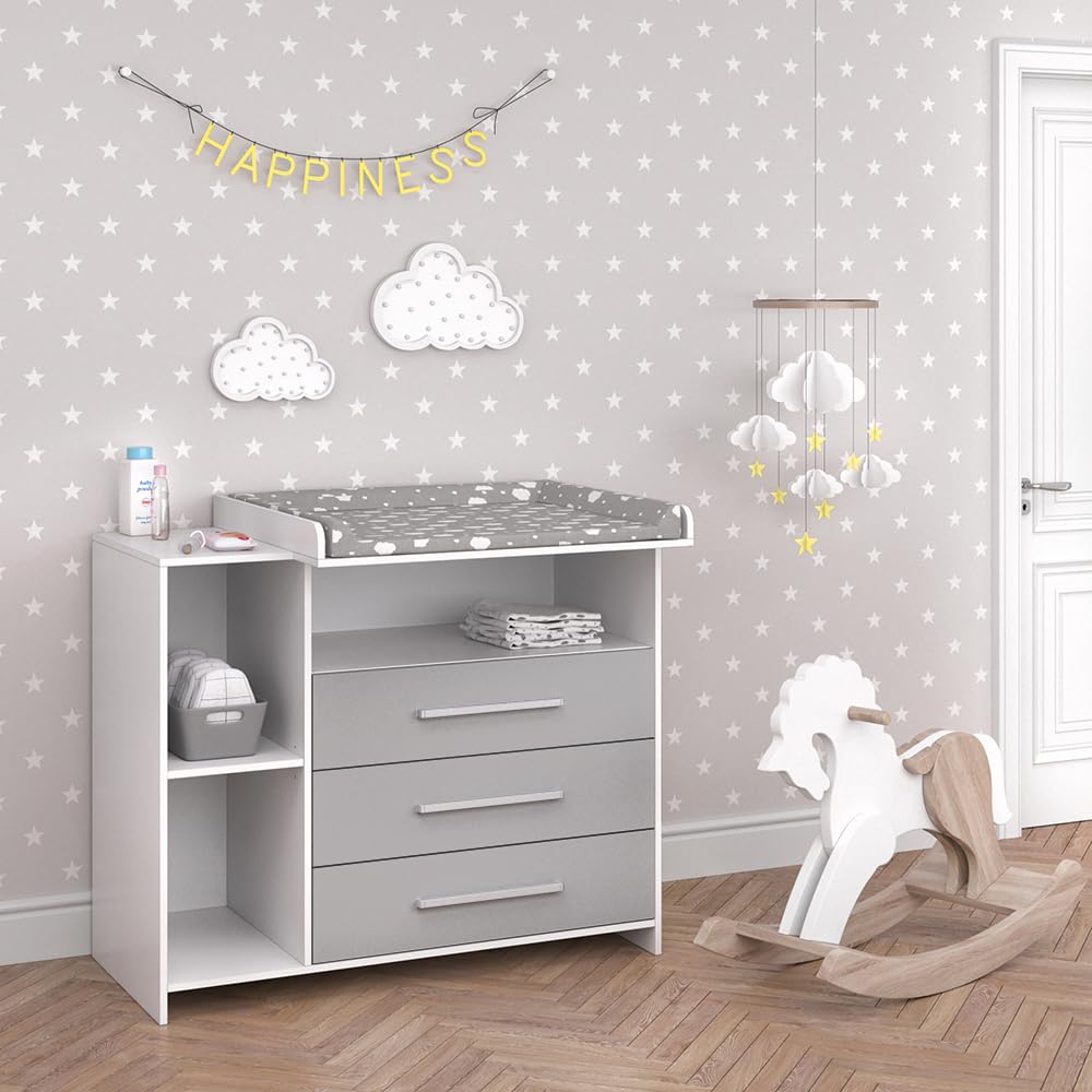 Vicco Wickelkommode Oskar, Weiß/Grau, 113 x 100 cm, umwandelbar zur Kommode durch abnehmbaren Wickelaufsatz
