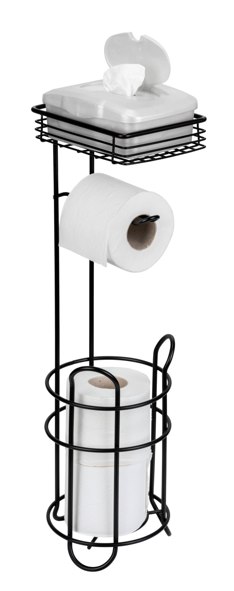 WENKO Portarrollos de Papel higiénico de pie [Metal Negro] con Estante – Soporte para Papel higiénico con Espacio para 3 Rollos – Portarrollos de Papel higiénico de pie