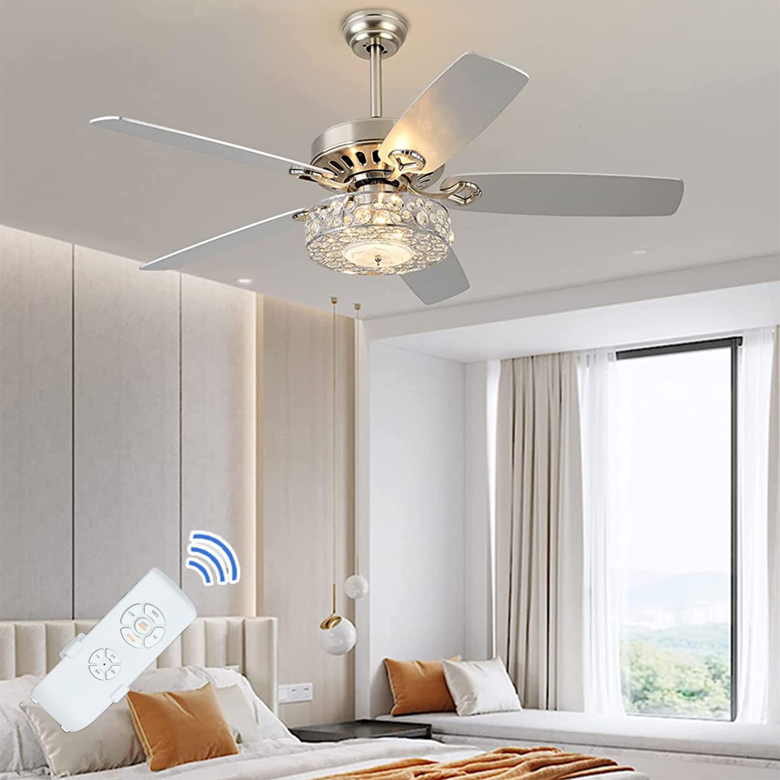 LOYALHEARTDY Ceiling Fan With Crystals Modern Chandelier Ceiling Fan With  Remote Control, 3-Speed Quiet Ceiling Fan Reversible Blade Crystal, Silver Bedroom  Ceiling Fan With Lights 52 In - Amazon.com