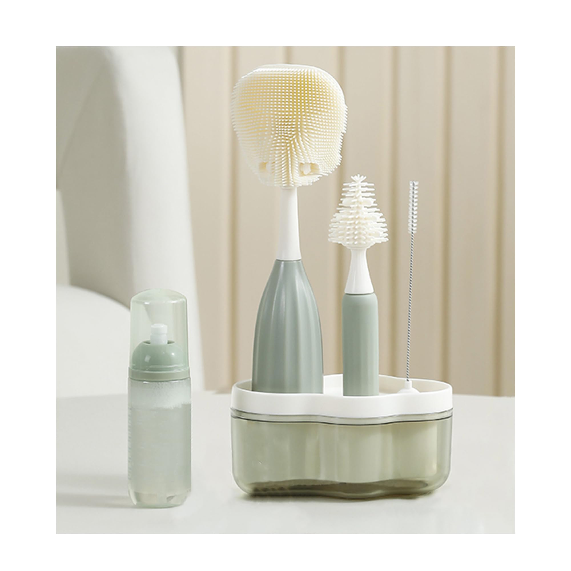 biqin Baby Bottle Brush Kit with Push-Press Bubble and Drying Rack for Bottle Cleaning, Bendable Bottle Cleaner Brush for Baby Bottles, Breast Pumps,