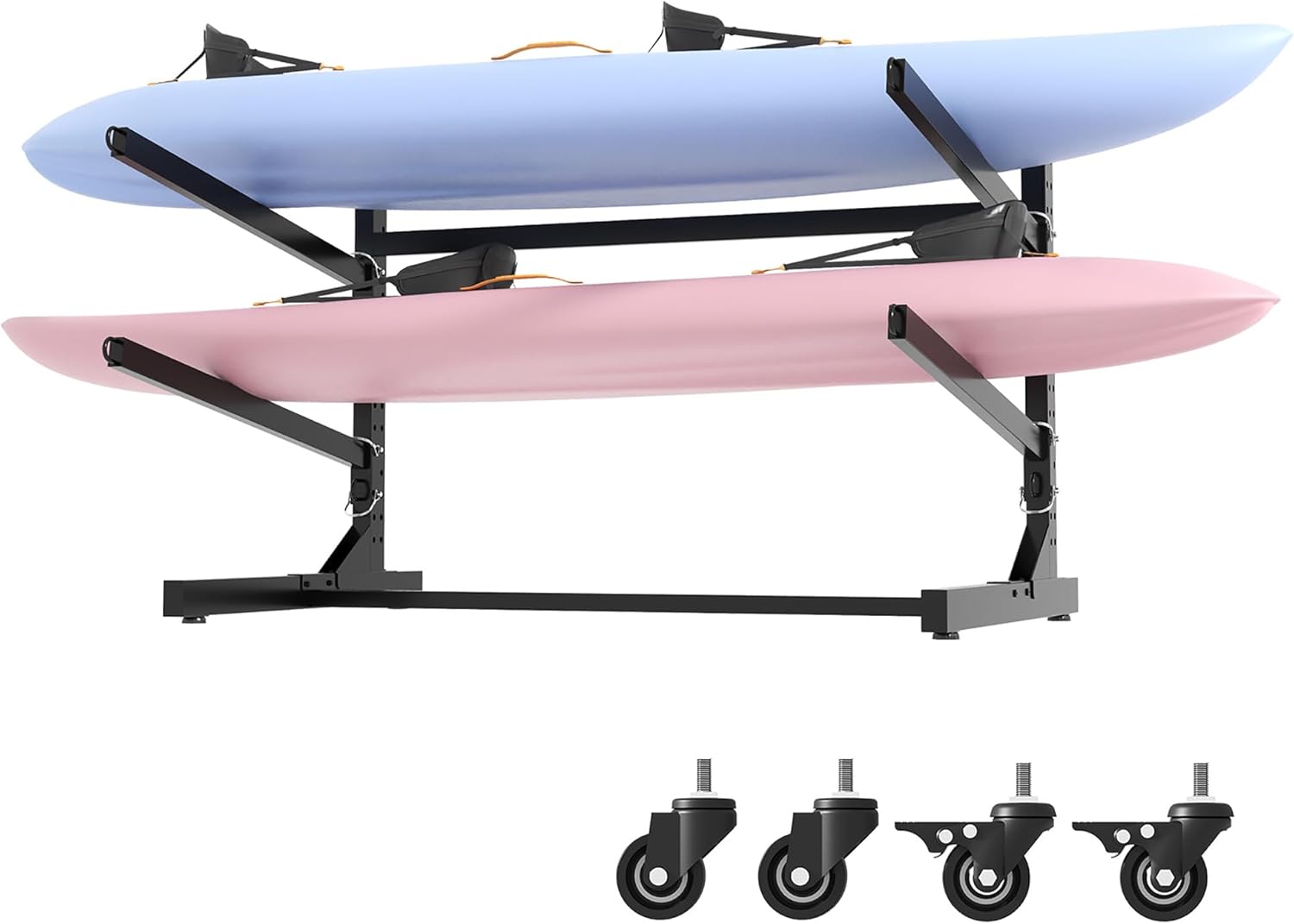 Freestanding Kayak Storage Rack, Heavy Duty Metal Kayak Stand with Lockable Wheels, Adjustable Kayak Holders for Canoes, SUP, Sled, Paddle Board & Surfboard, Garage, Indoor & Outdoor Use