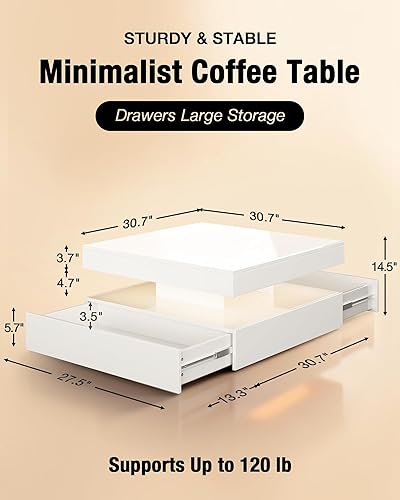 Miniatura 2 de FKWin Withe - Mesa de centro moderna contemporánea con luces LED, mesas de centro blancas para sala de estar con superficie de alto brillo, mesa