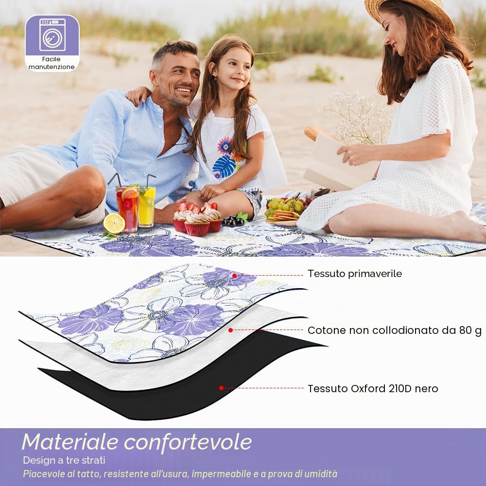 Bseical Coperta da Picnic Lavabile - 200 x 200cm Coperta da Spiaggia Impermeabile Senza Sabbia XXL Coperta da Campeggio, Stuoia da Spiaggia Isolata con Maniglia di Trasporto per 4-6 Persone